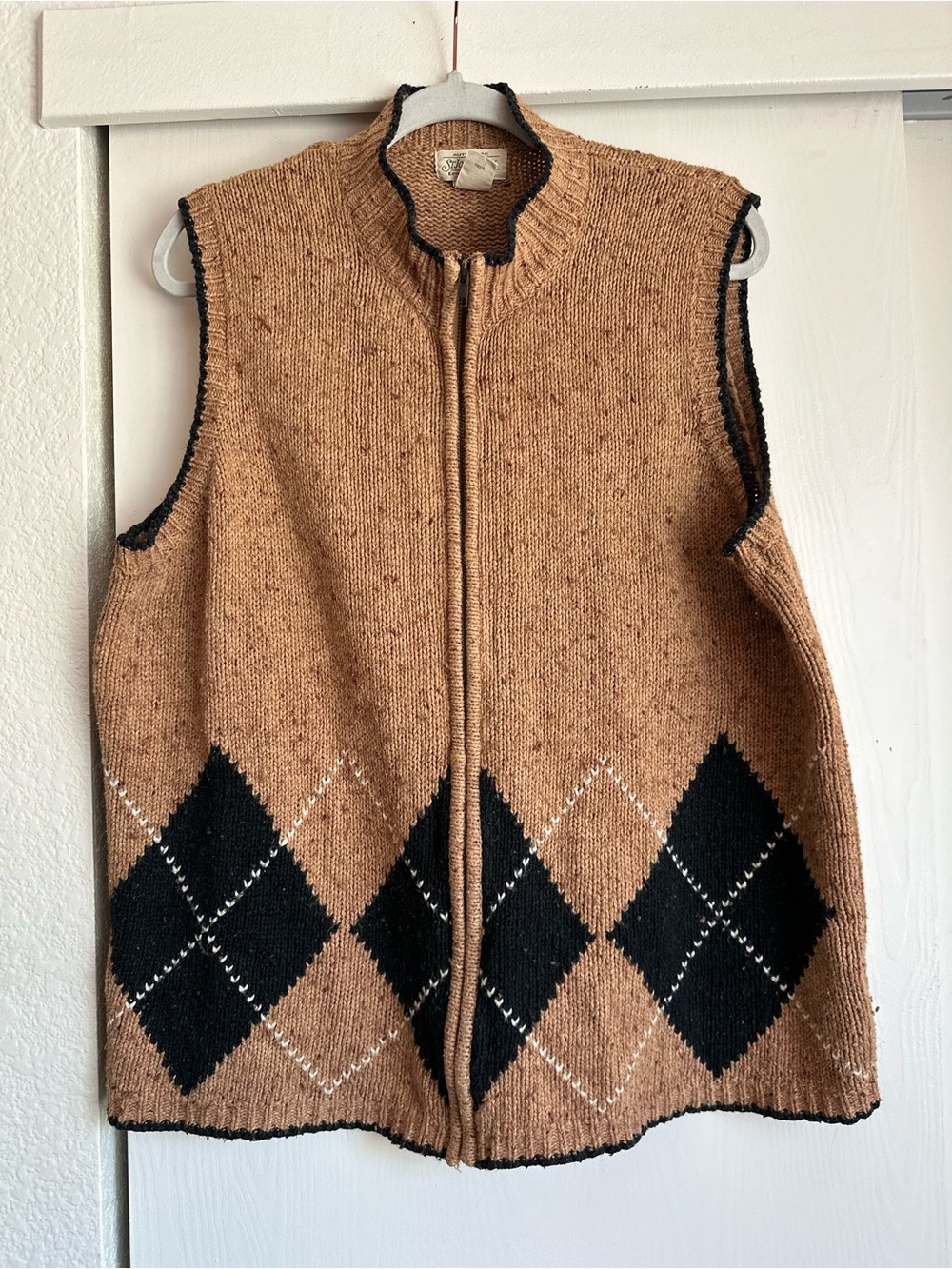 St. John's Bay Tan and Black Zip-Up Argyle Knit Vest